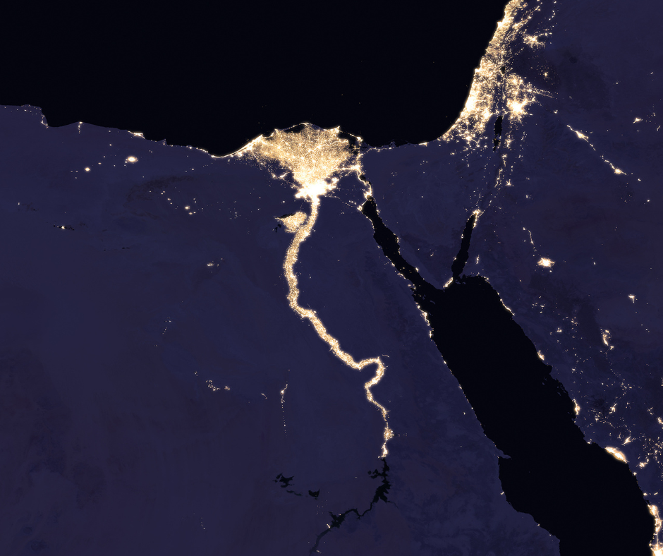 Egypt at night showing Nile River lights