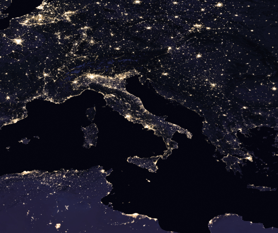 Italy at night showing boot shape