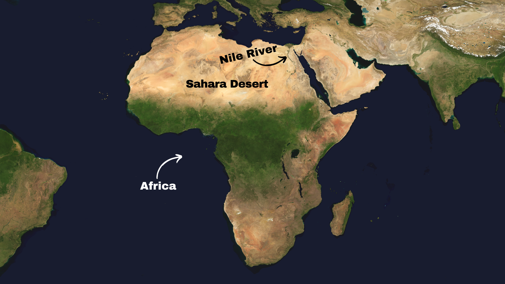 Africa daytime with Egypt, Nile, and Sahara labeled